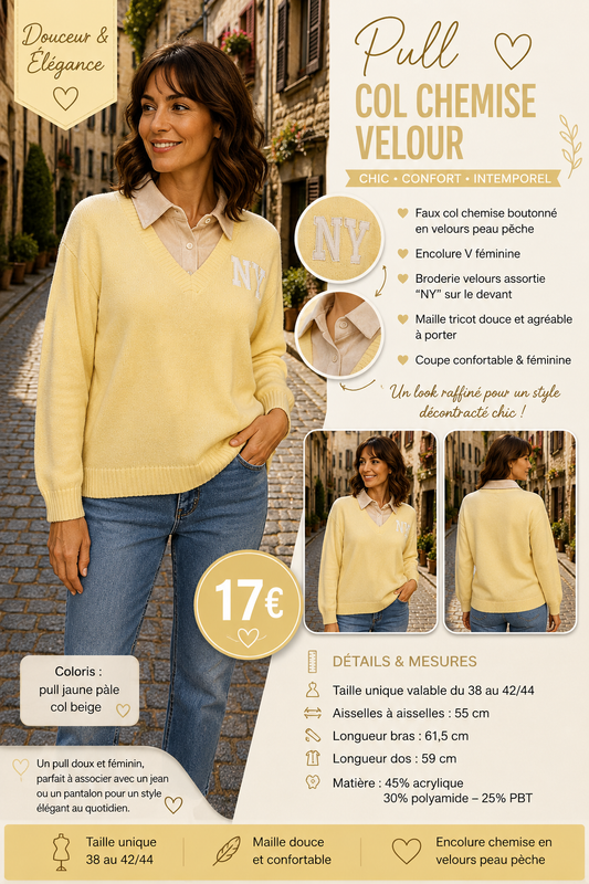 *66 🤎 Pull effet chemise – Chic & tendance JAUNE