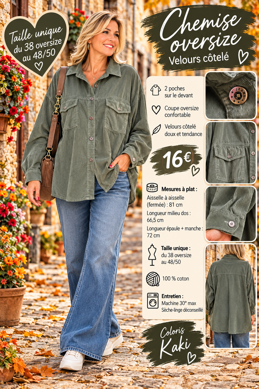158 🌸 CHEMISE OVERSIZE EN VELOURS CÔTELÉ 🌸Coloris KAKI