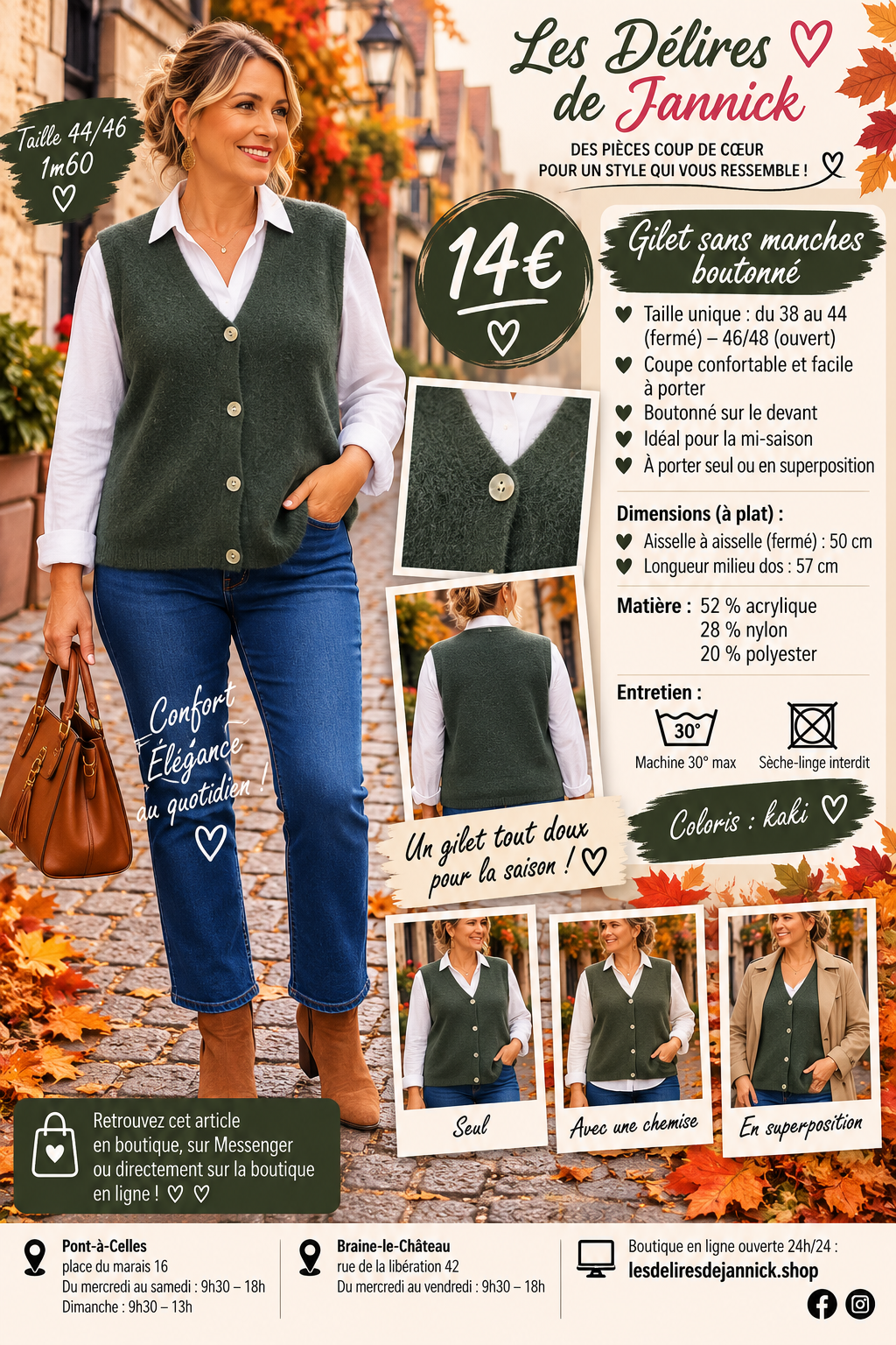 131  GILET SANS MANCHES BOUTONNÉ – LE PETIT INDISPENSABLE À SUPERPOSER 🤎Coloris  kaki