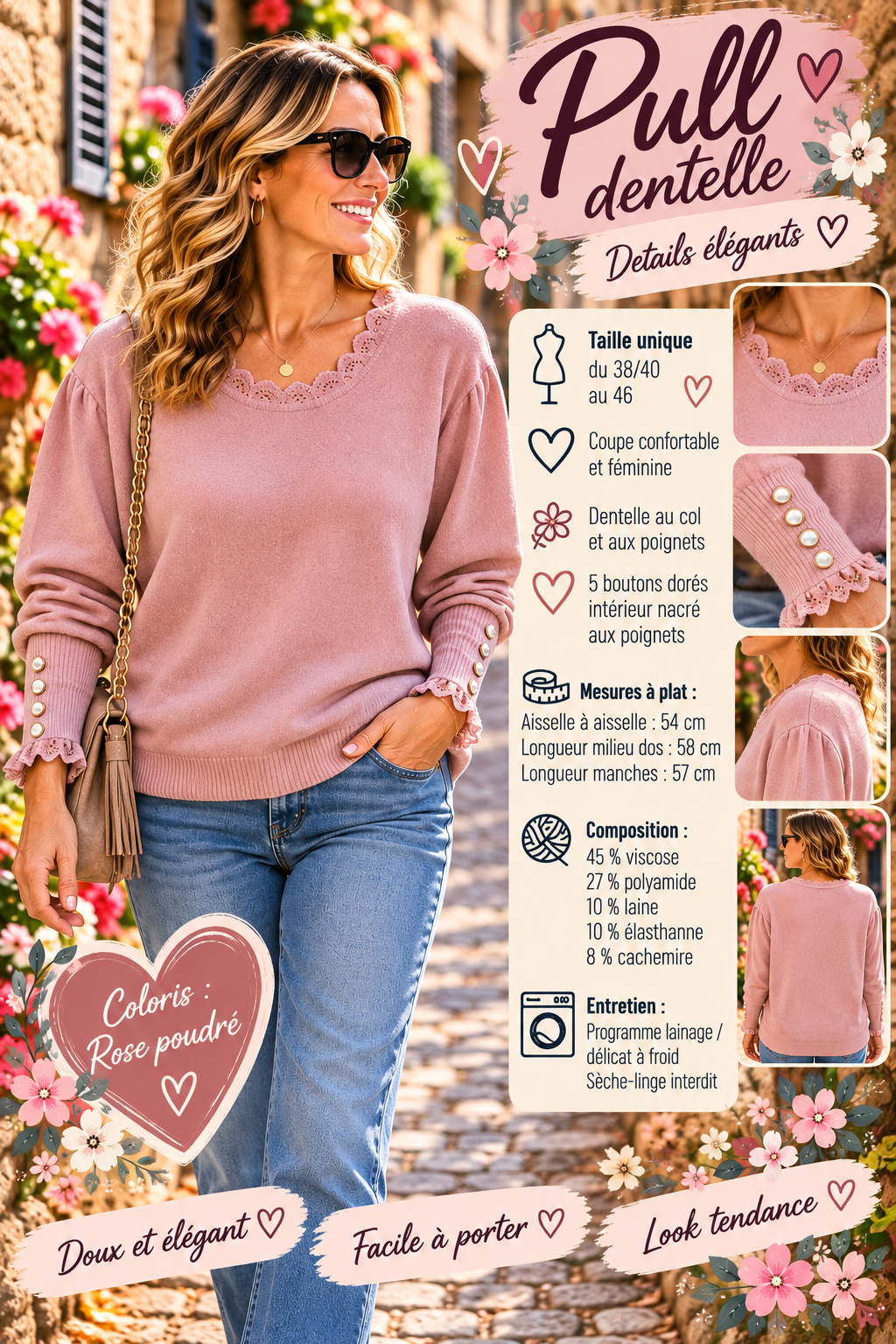 166 🌸🤎 PULL DENTELLE – FÉMININ & ÉLÉGANT 🤎🌸Coloris ROSE