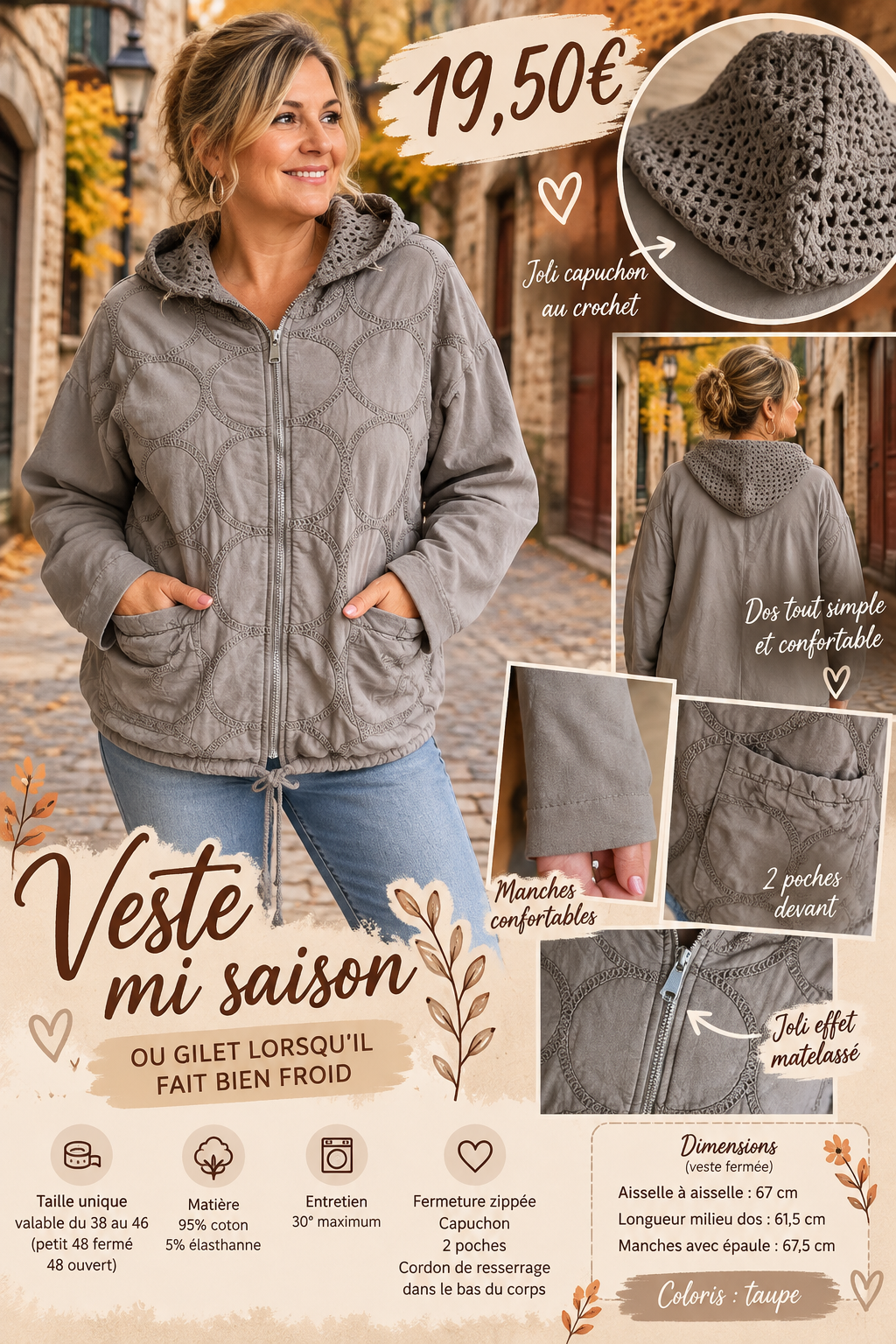 193 🌸 VESTE MI-SAISON / GILET À CAPUCHE – EFFET MATELASSÉ 🌸Coloris TAUPE