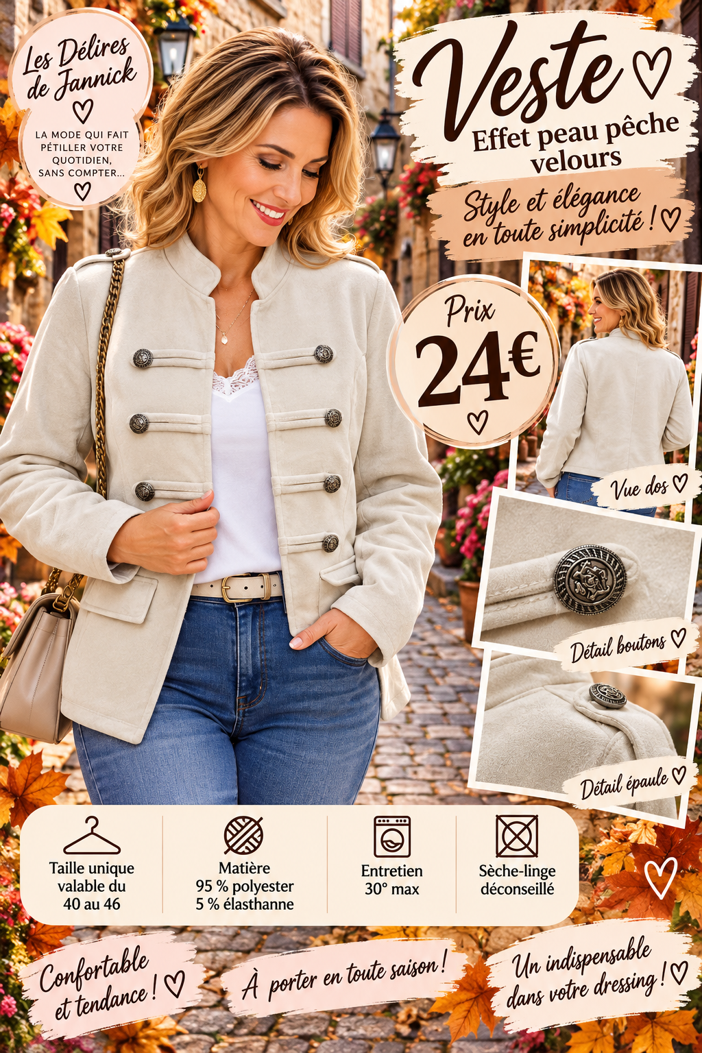 136 🤍 Veste effet peau de pêche – Boutons fantaisie Coloris BEIGE
