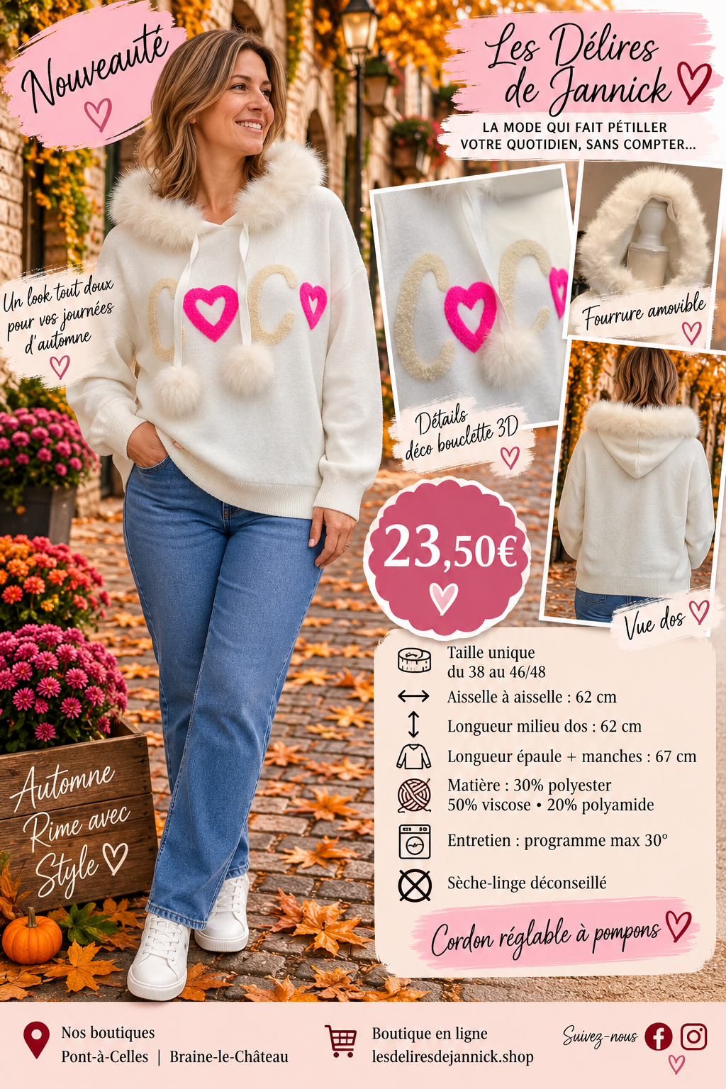*113 🌸 NOUVEAUTÉ – PULL À CAPUCHE FOURRURE & DÉCO BOUCLETTE 3D 🌸