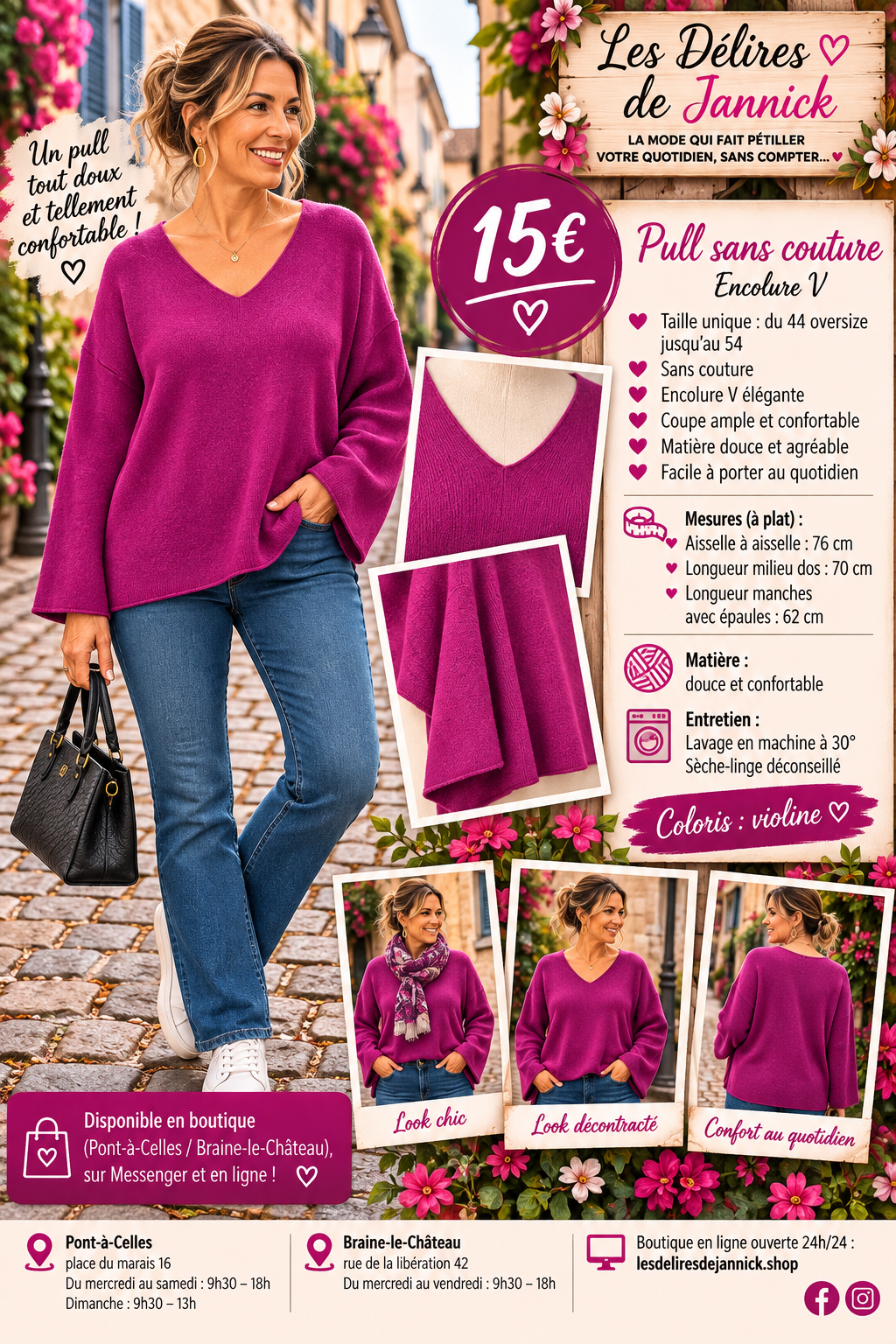 182 🌸 Pull sans couture – Encolure V 🌸Coloris VIOLINE