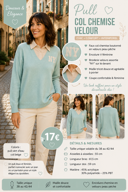 *66 🤎 Pull effet chemise – Chic & tendance Vert d eau