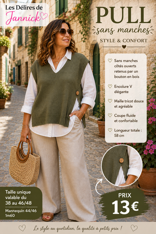 *56 ✨ Pull Kaki  sans manches en maille – Chic & facile à porter ✨