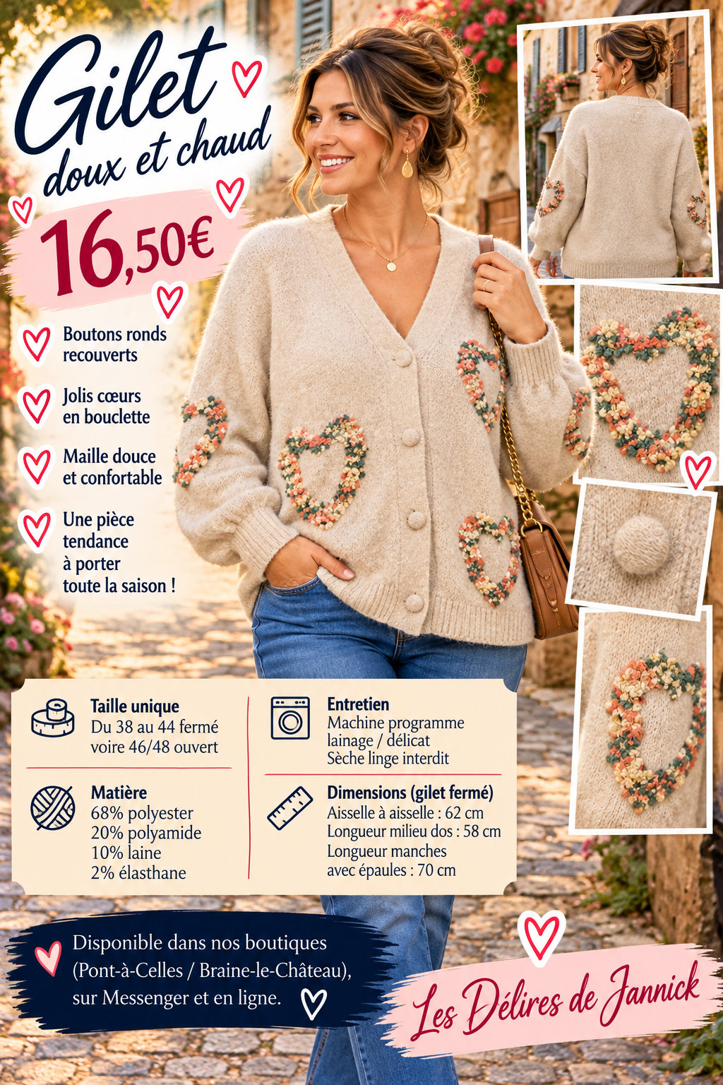 203 🌸 Gilet doux et chaud – Cœurs en bouclette 🌸Coloris BEIGE
