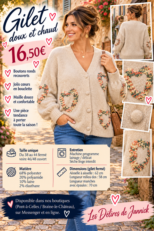 203 🌸 Gilet doux et chaud – Cœurs en bouclette 🌸Coloris BEIGE