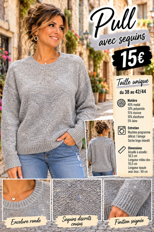 219 Pull en maille douce à sequins discrets – Col rond Coloris GRIS CLAIR