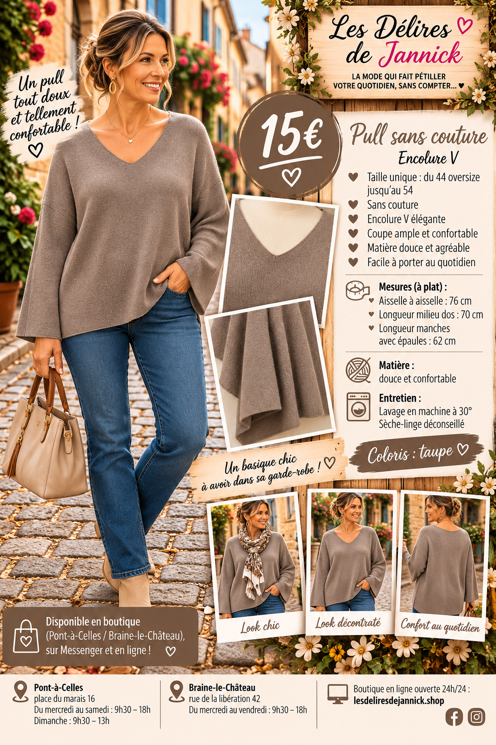 182 🌸 Pull sans couture – Encolure V 🌸Coloris TAUPE