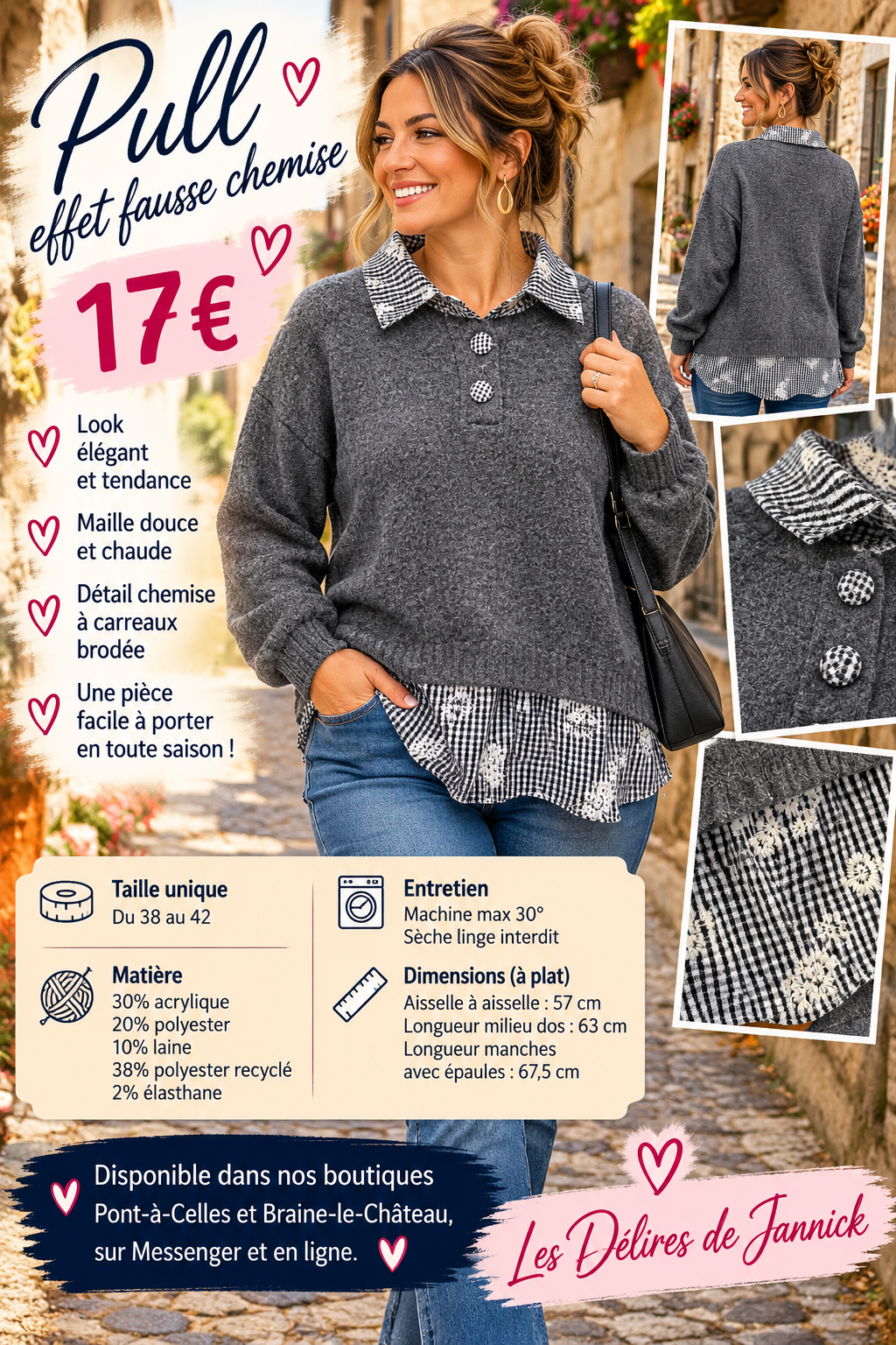 196 🌸 PULL EFFET FAUSSE CHEMISE – ÉLÉGANCE & CONFORT 🌸Coloris GRIS