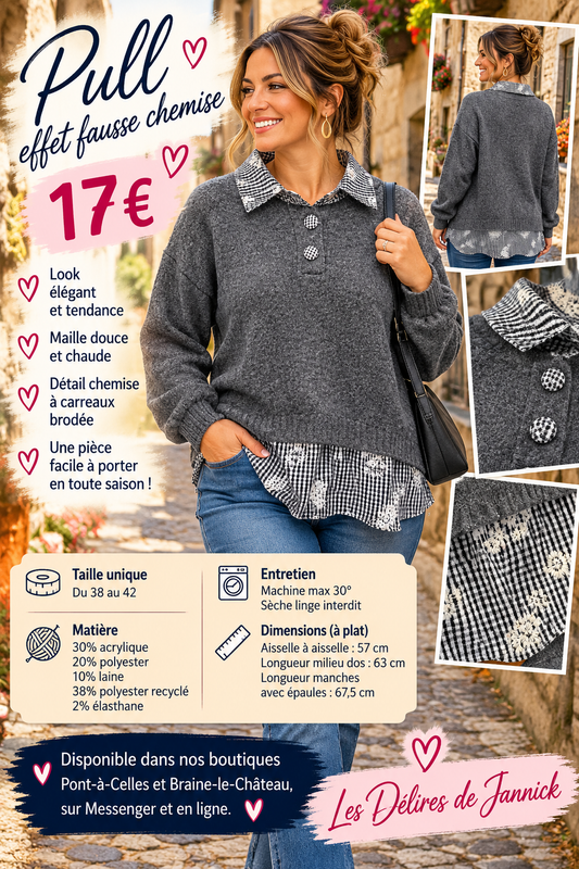 196 🌸 PULL EFFET FAUSSE CHEMISE – ÉLÉGANCE & CONFORT 🌸Coloris GRIS