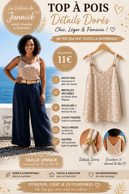 *8 ✨ Top à pois beige  avec détails dorés – L'élégance au quotidien ✨