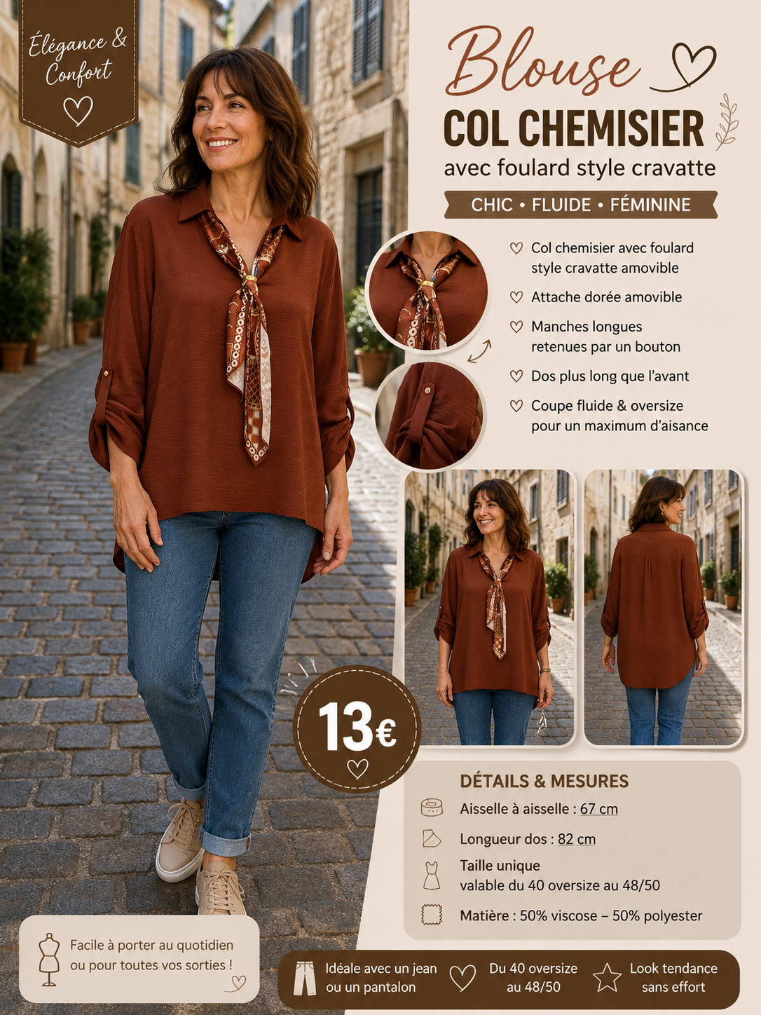 *61 💙 BLOUSE COL CHEMISIER AVEC FOULARD – COLORIS brique 💙