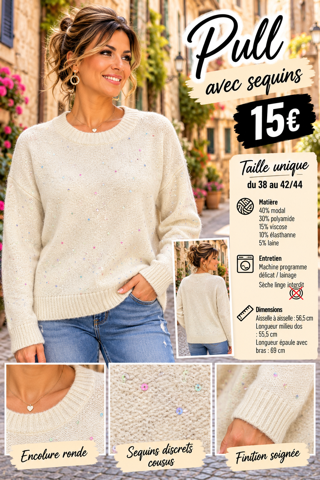 219 Pull en maille douce à sequins discrets – Col rond Coloris CREME