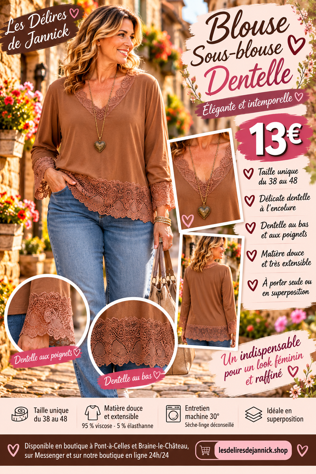 213 🌸 Blouse / Sous-blouse en dentelle 🌸Coloris CAMEL