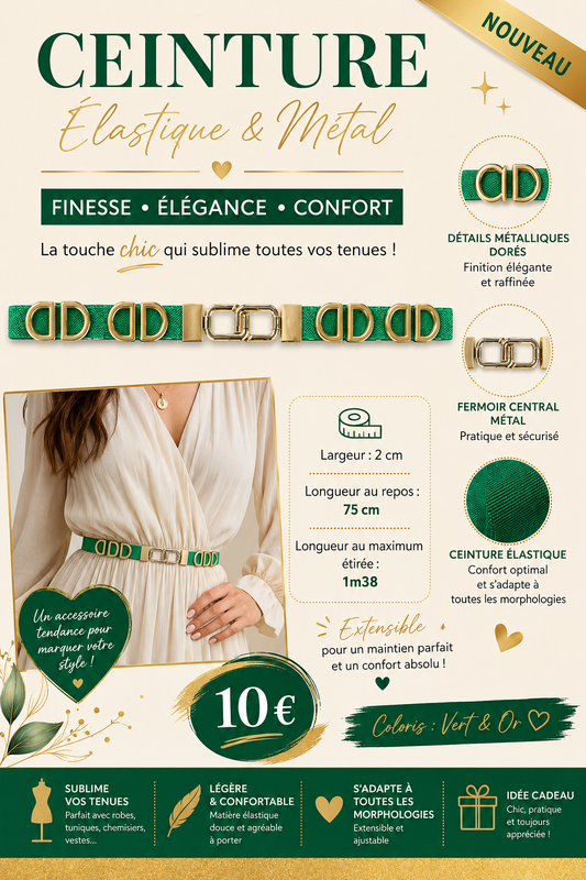 ✨ Ceinture Élastique Vert  Or – Fine, Chic et Tendance