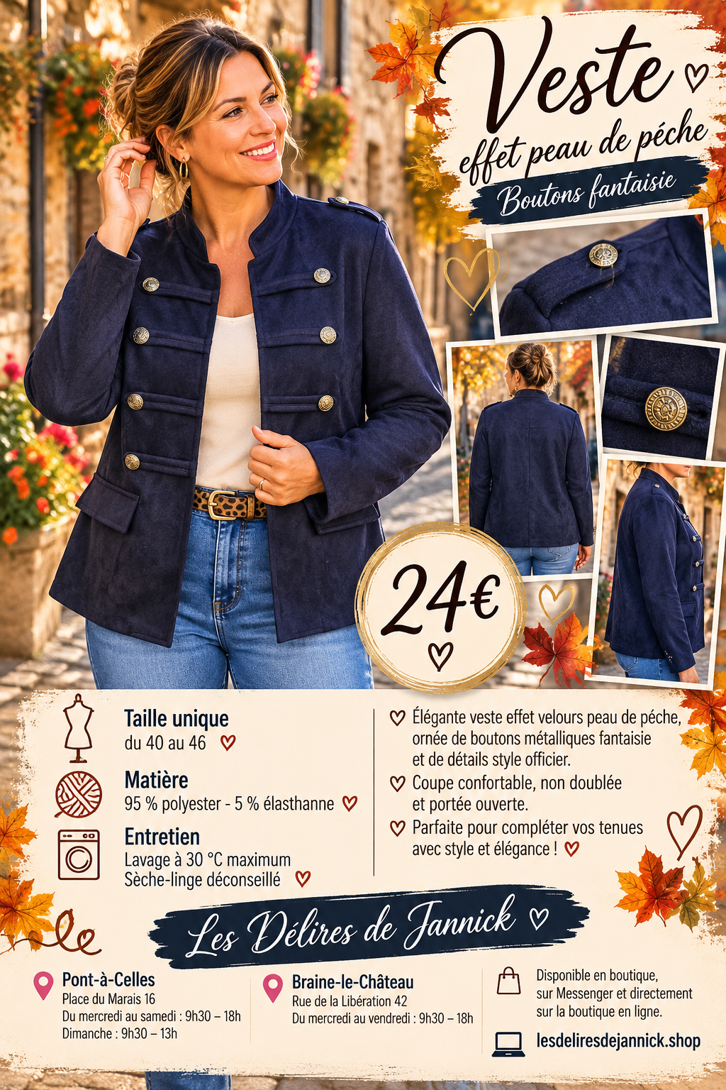 163 🤍 Veste effet peau de pêche – Boutons fantaisie Coloris MARINE