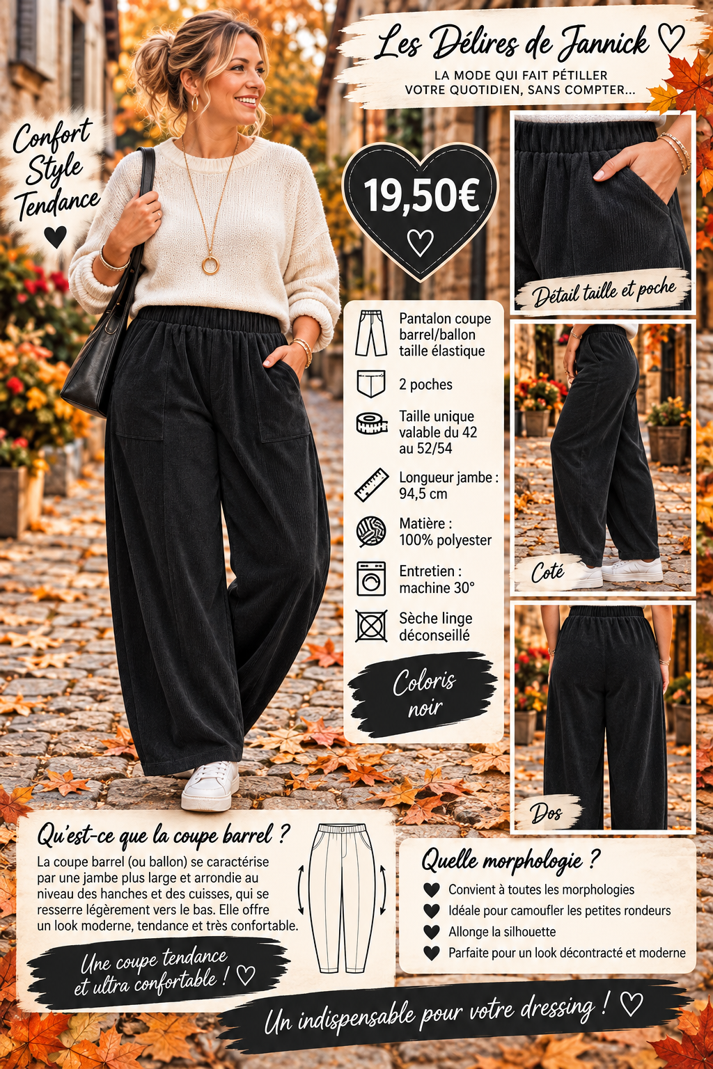 132 🌸 NOUVEAUTÉ – PANTALON COUPE BARREL / BALLON 🌸Coloris NOIR