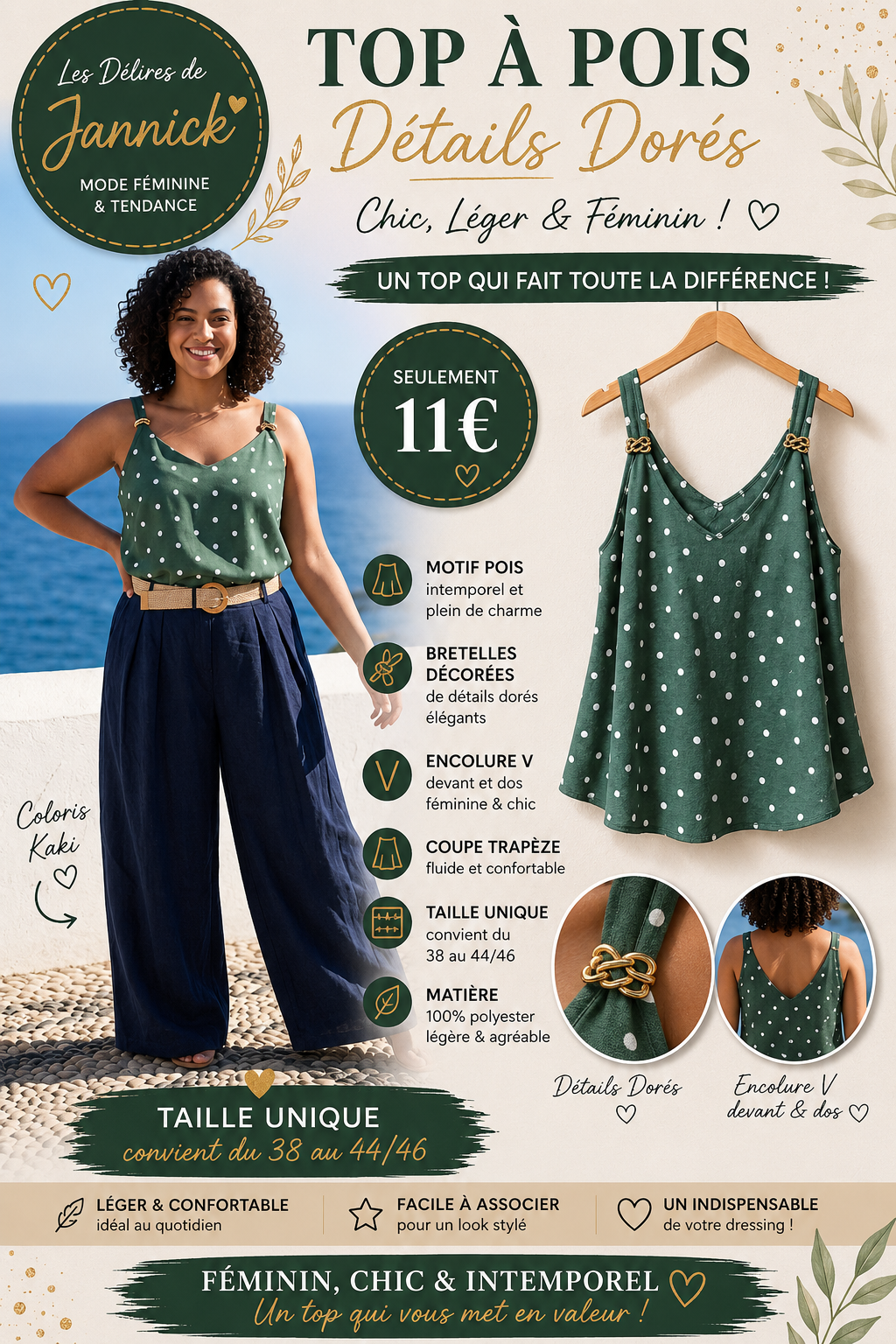 *8 ✨ Top à pois kaki  avec détails dorés – L'élégance au quotidien ✨