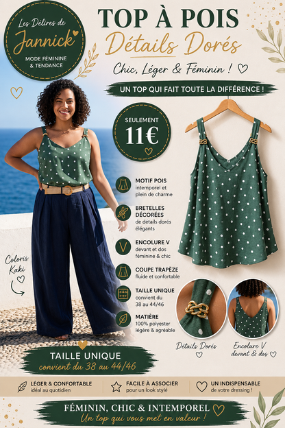 *8 ✨ Top à pois kaki  avec détails dorés – L'élégance au quotidien ✨