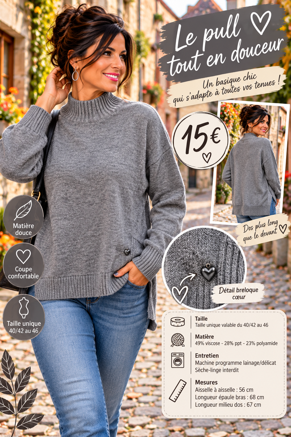 218 🌸 Pull col montant – Élégance et douceur 🌸Coloris GRIS