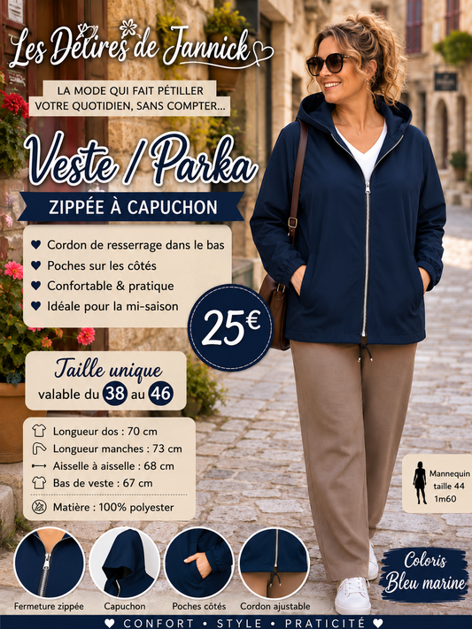 *55 ✨ VESTE / PARKA ZIPPÉE À CAPUCHON – BLEU MARINE ✨