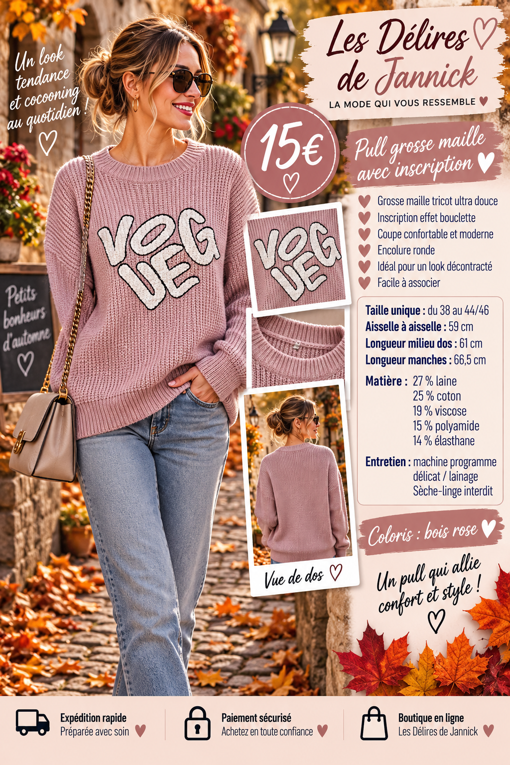147 🍂🤎 NOUVEAUTÉ – LE PULL GROSSE MAILLE QU’ON ADORE ! 🤎🍂Coloris VIEUX ROSE
