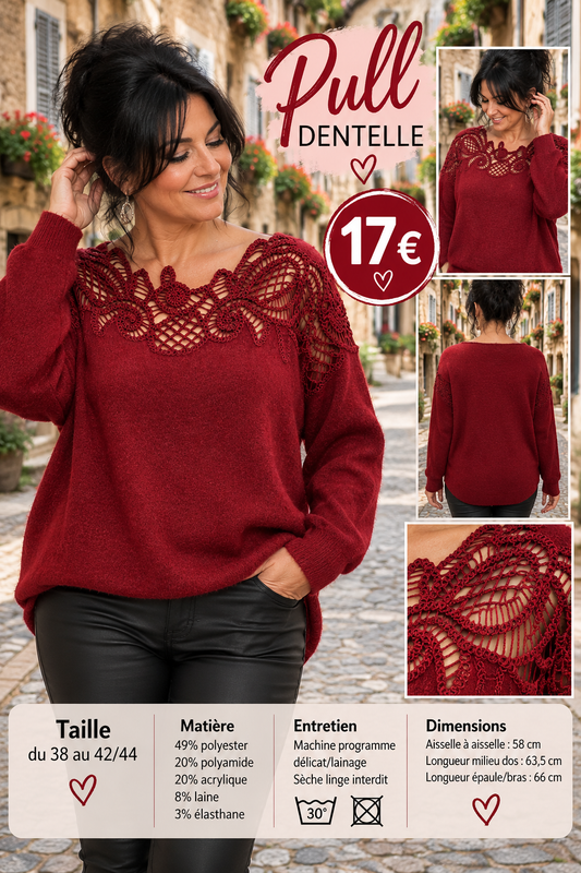 221 ❤️ PULL EN MAILLE DOUCE AVEC DENTELLE – ÉLÉGANCE & FÉMINITÉ ❤️Coloris BORDEAU