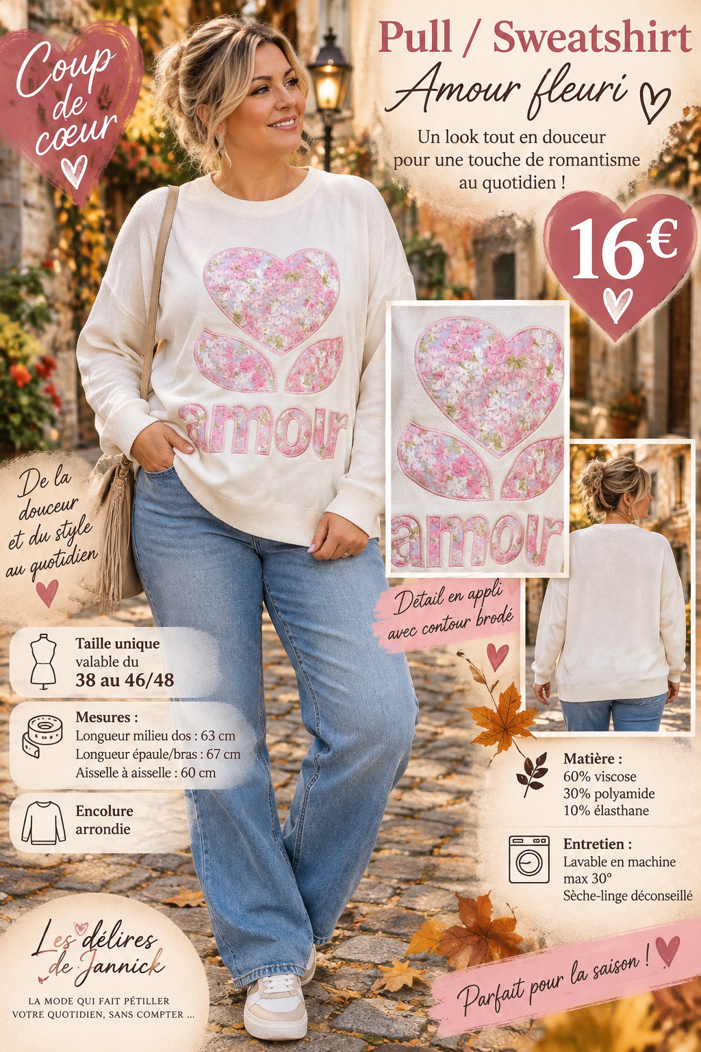 *93 💙 PULL / SWEATSHIRT « AMOUR FLEURI ROSE » 💙