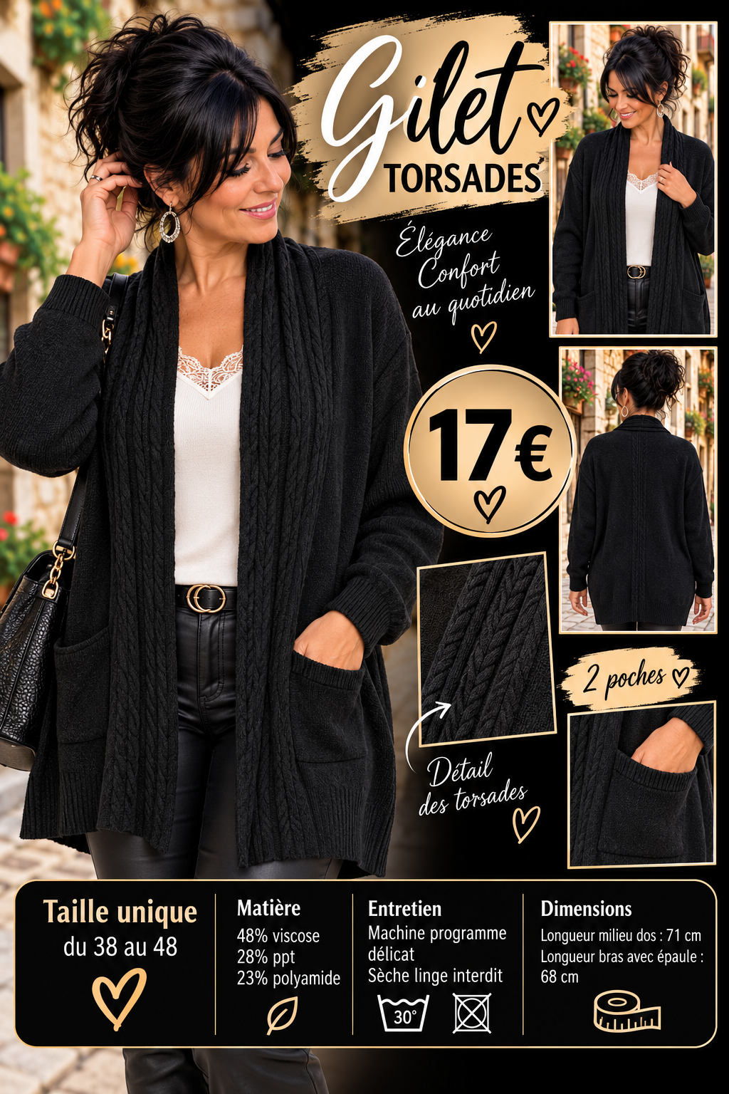 217 Gilet long en maille fine avec col torsadé et poches – Taille unique Coloris NOIR