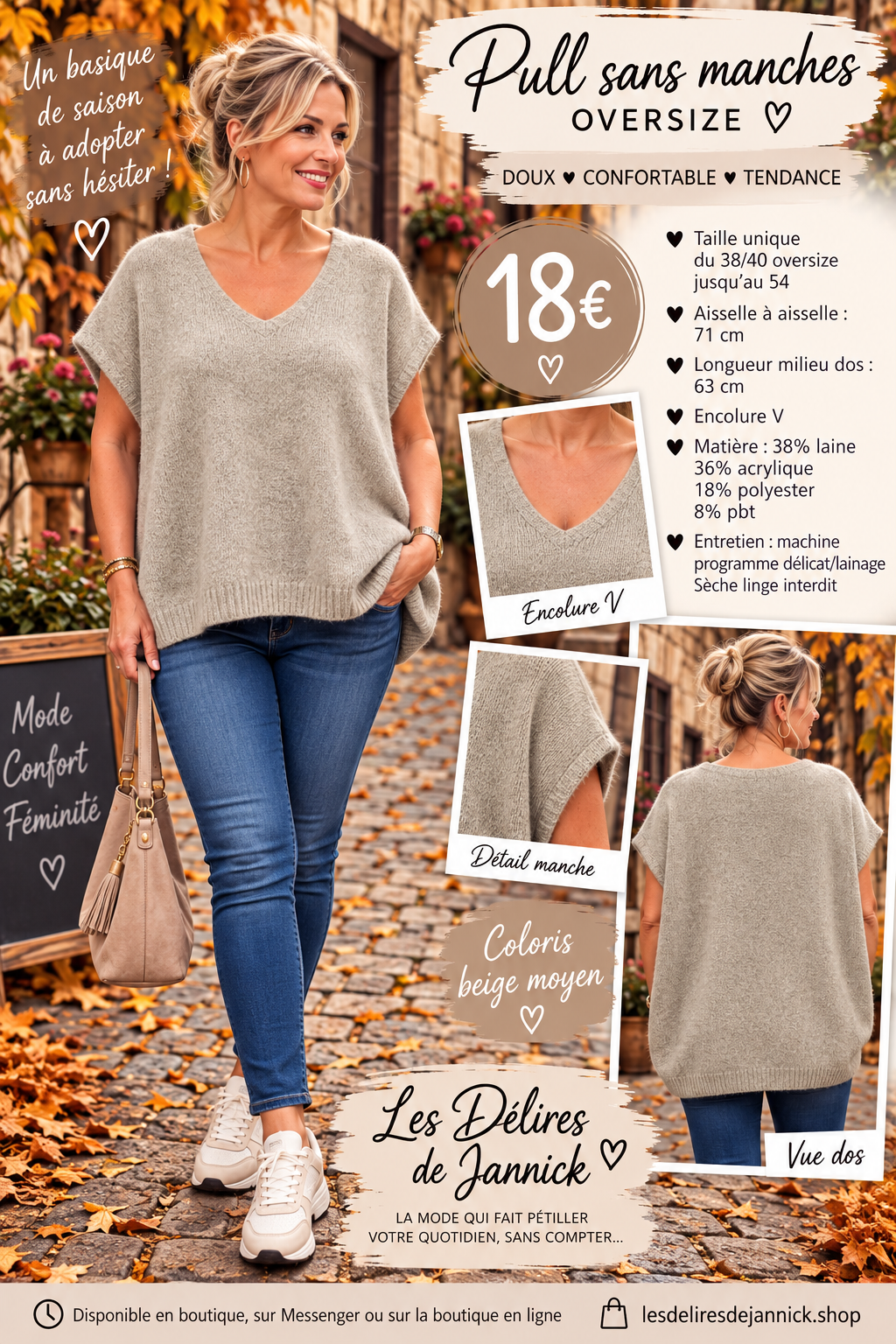 128 🌸 NOUVEAUTÉ – PULL SANS MANCHES OVERSIZE 🌸Coloris BEIGE