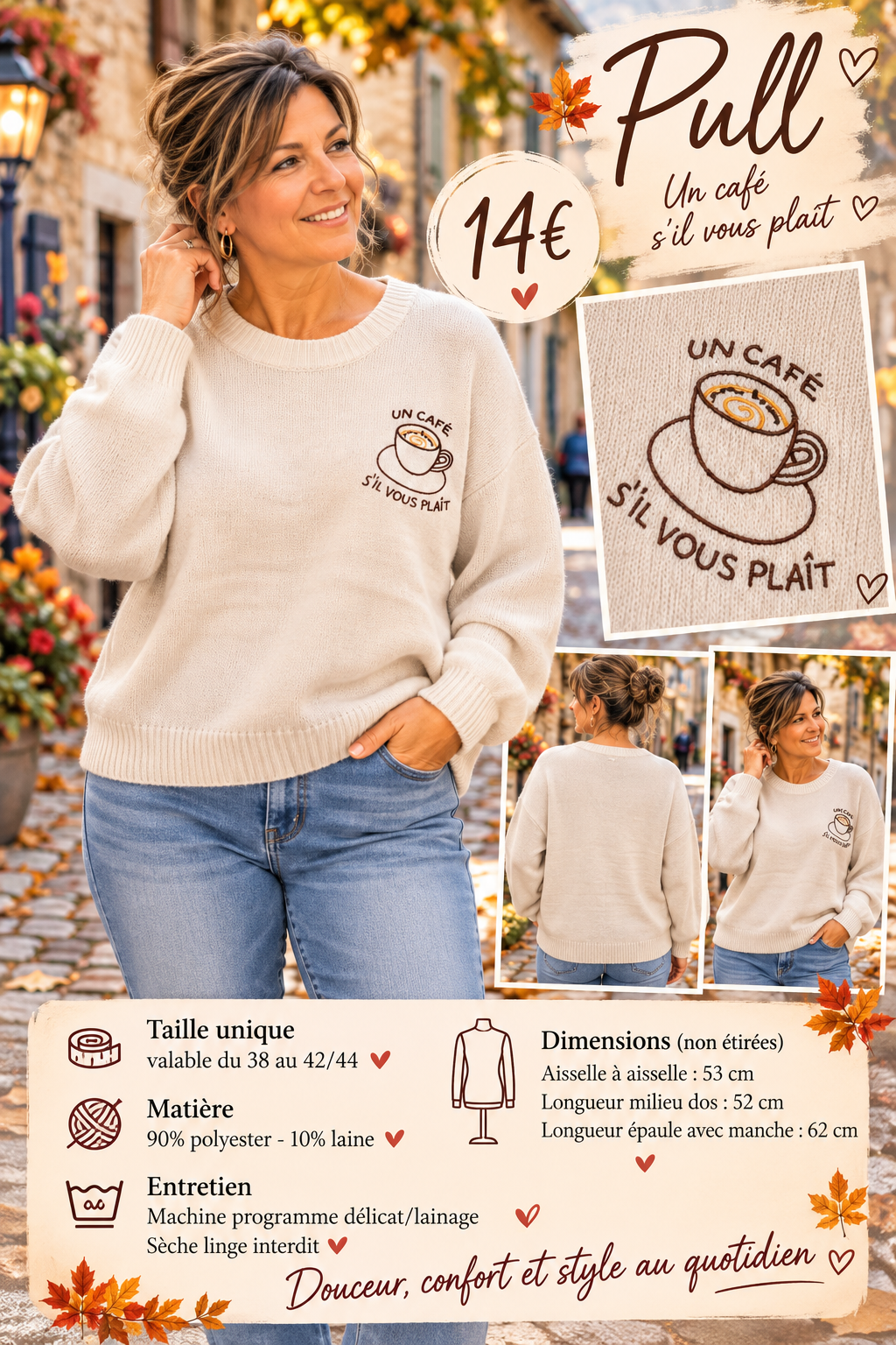 177 🌸 PULL BRODÉ « UN CAFÉ S’IL VOUS PLAÎT » ☕🤎Coloris BEIGE