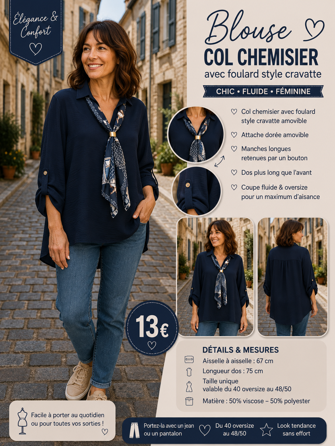 *61 💙 BLOUSE COL CHEMISIER AVEC FOULARD – COLORIS MARINE 💙