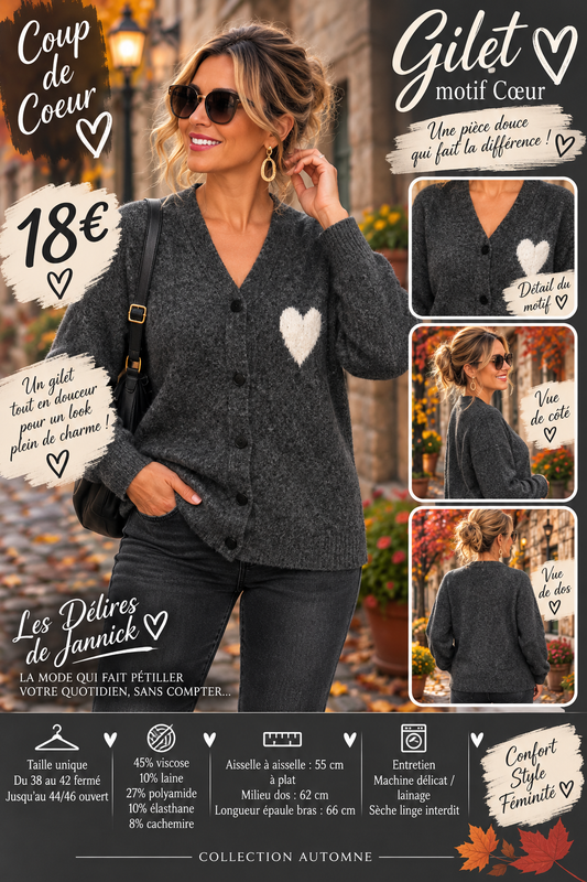 *99 🖤  GILET MOTIF CŒUR 🖤 GRIS FONCER