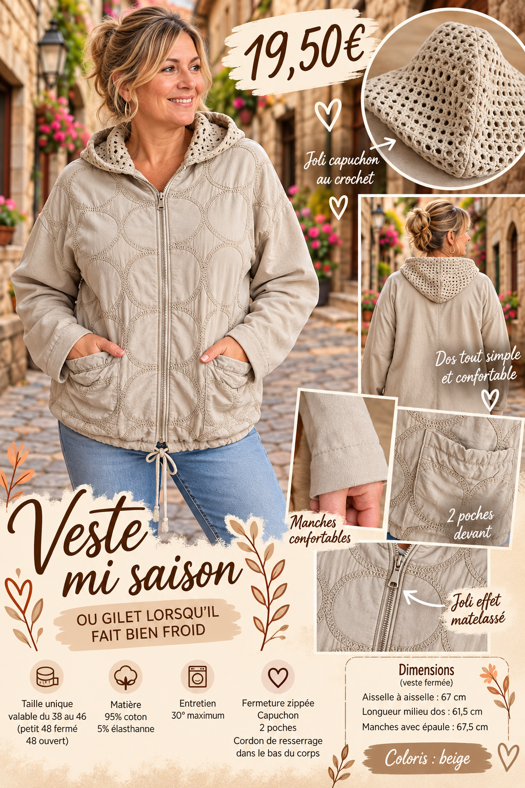 193 🌸 VESTE MI-SAISON / GILET À CAPUCHE – EFFET MATELASSÉ 🌸Coloris BEIGE