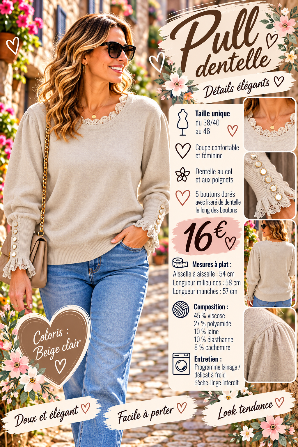 166 🌸🤎 PULL DENTELLE – FÉMININ & ÉLÉGANT 🤎🌸Coloris BEIGE