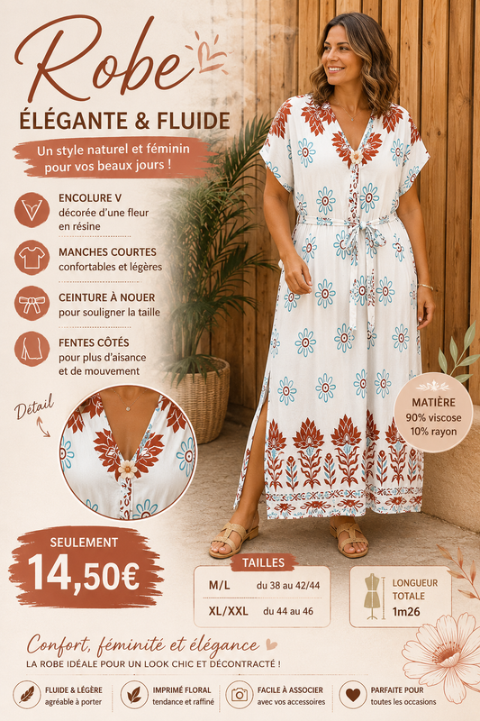 *37 ✨ Robe beige/bordeau longue imprimée – Élégante & féminine ✨