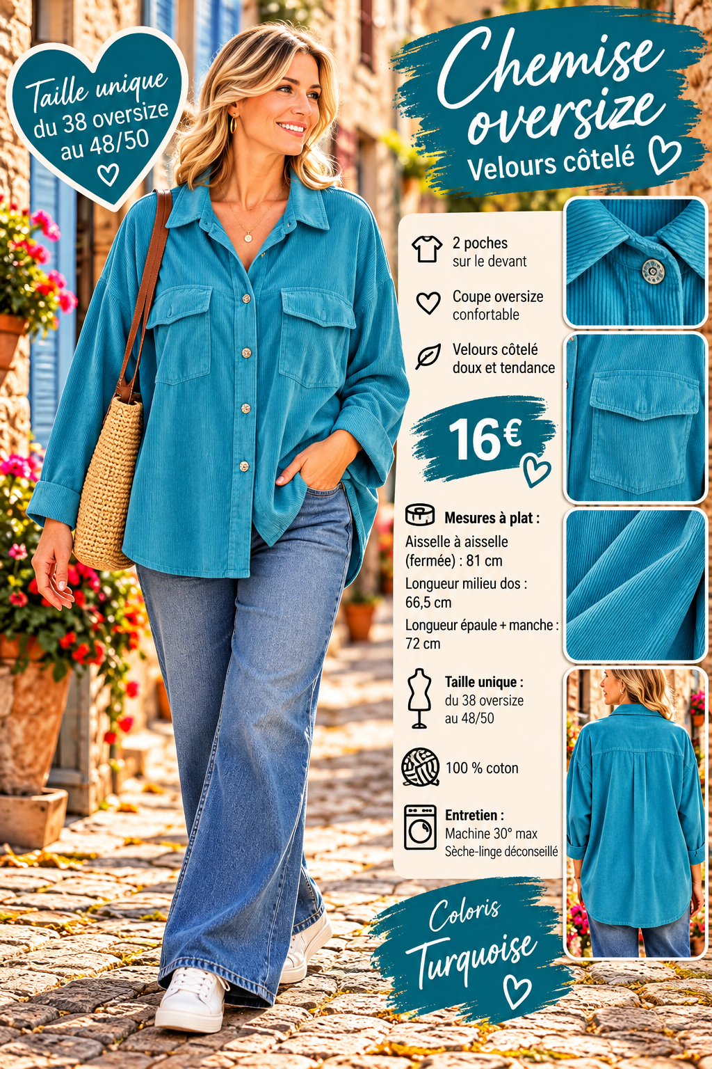 158 🌸 CHEMISE OVERSIZE EN VELOURS CÔTELÉ 🌸Coloris TURQUOISE
