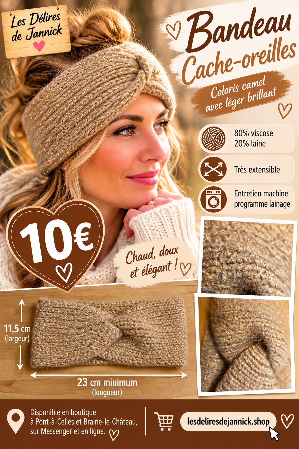 🤎 Bandeau cache-oreilles en maille brillante – Camel