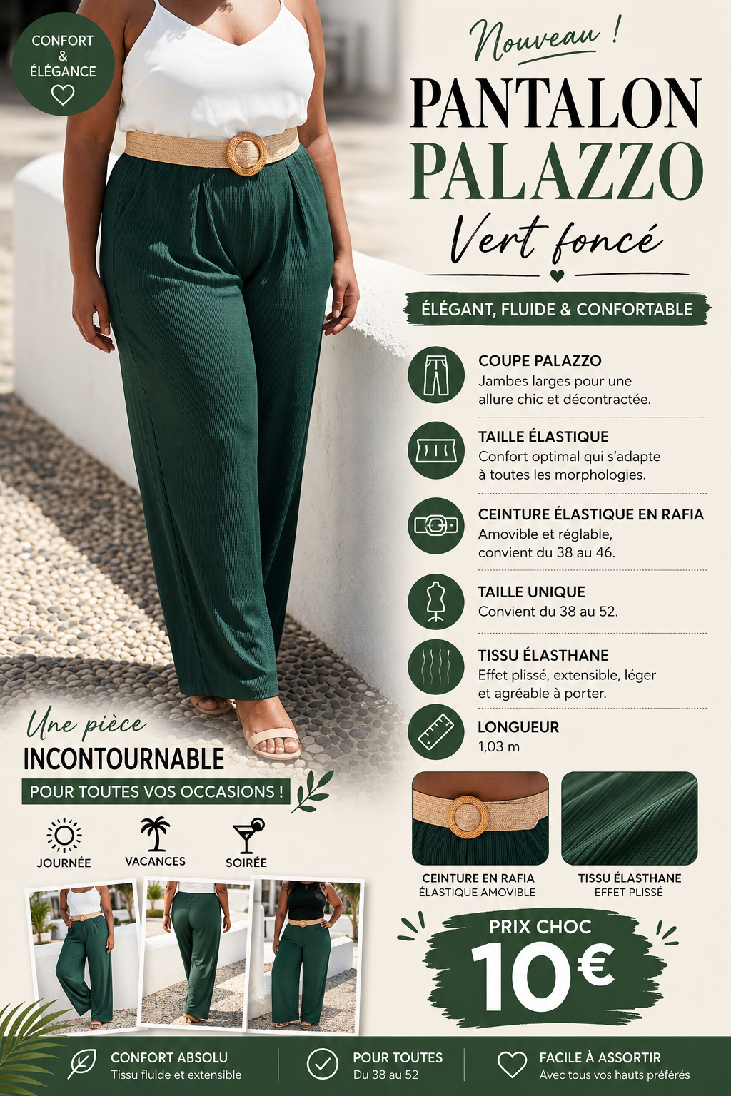 🖤 Pantalon Palazzo Vert Fonce – Taille Unique  ✨