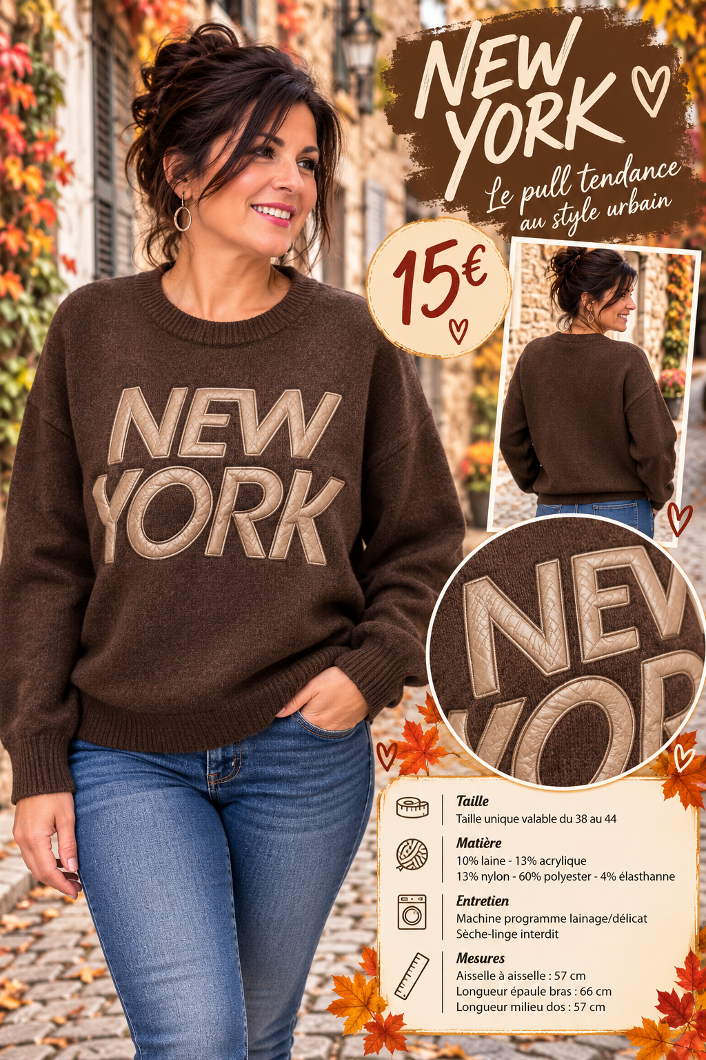 239 🌸 Pull NEW YORK – Inscription brodée et simili cuir 🌸Coloris CHOCO
