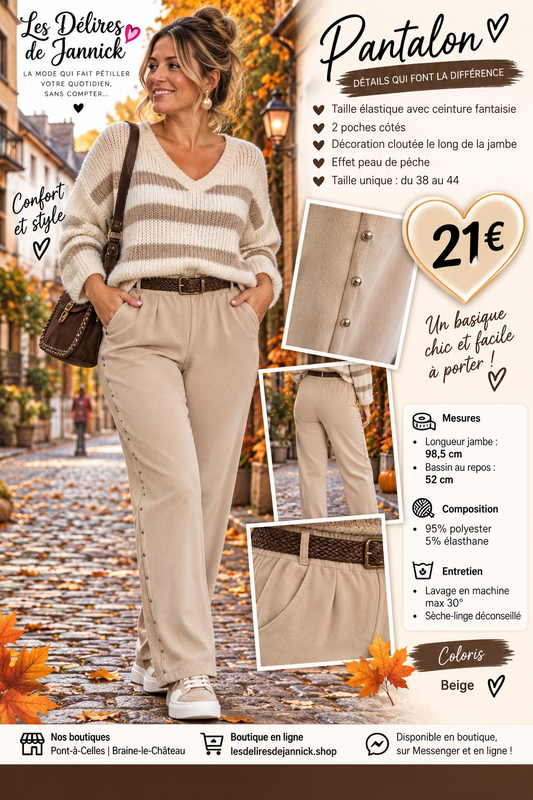 *109 🖤 PANTALON EFFET PEAU DE PÊCHE – LE DÉTAIL QUI FAIT LA DIFFÉRENCE 🖤Coloris BEIGE