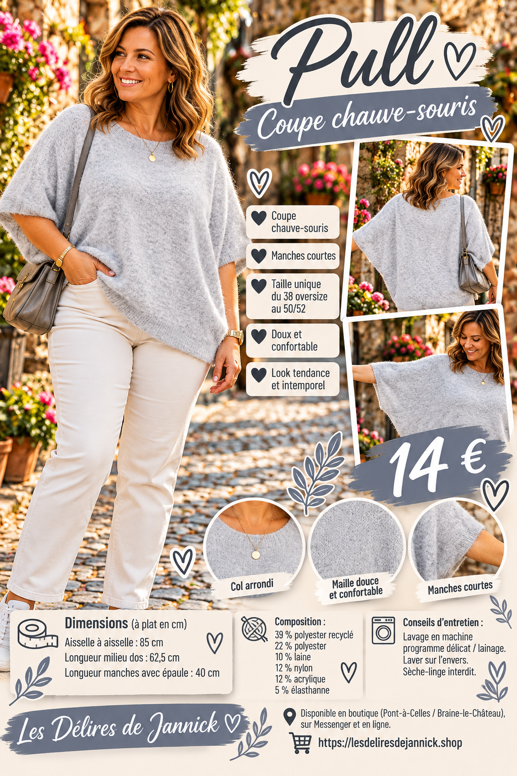 197 🌸 Pull doux à manches courtes – Coupe chauve-souris 🌸Coloris GRIS CLAIR