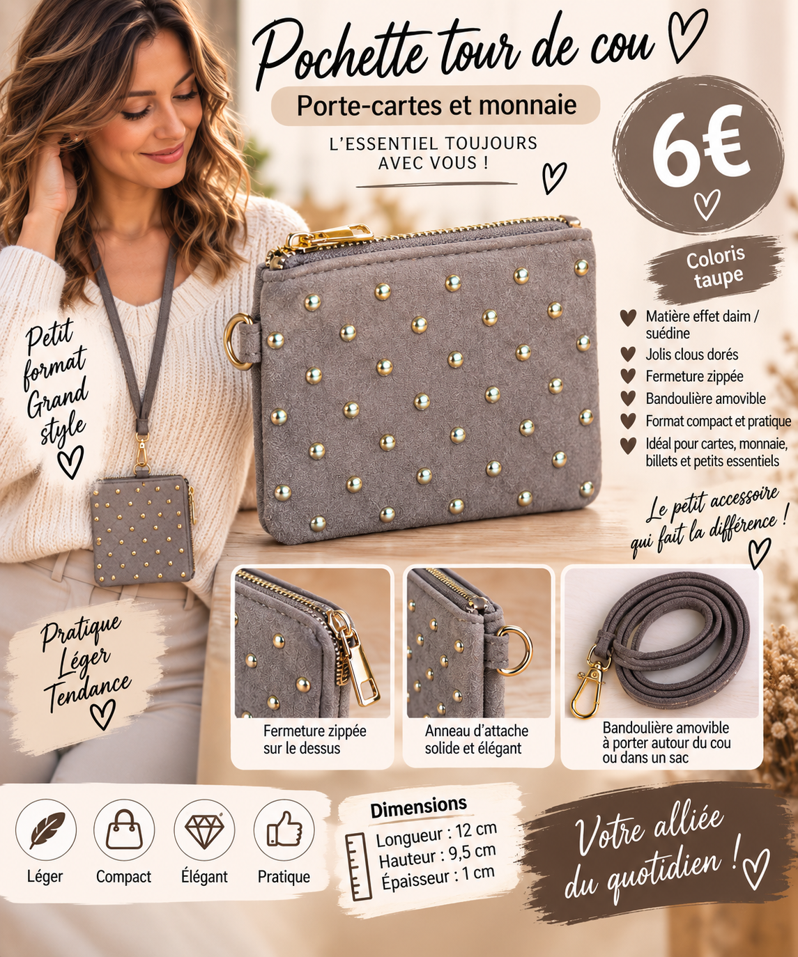 🤎 Pochette tour de cou – coloris taupe 🤎