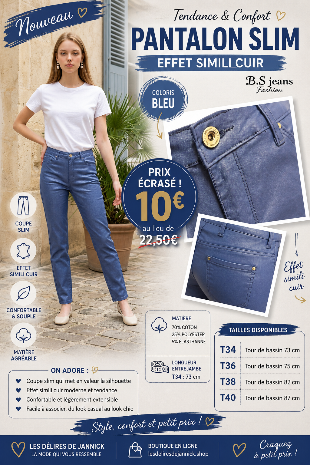 23.✨ Pantalon Slim effet simili cuir – Coloris bleu jeans ✨