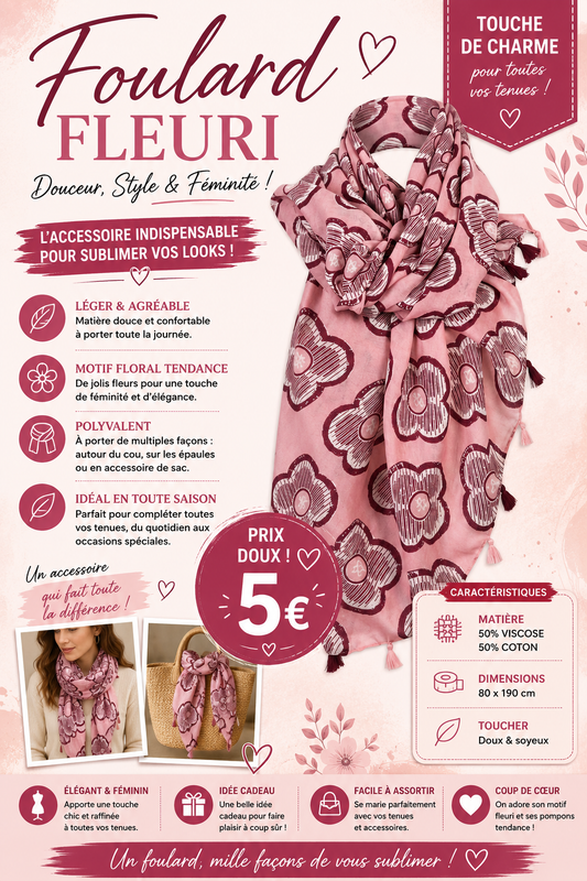 🌸 Foulard Fleuri Rose – Douceur & Élégance
