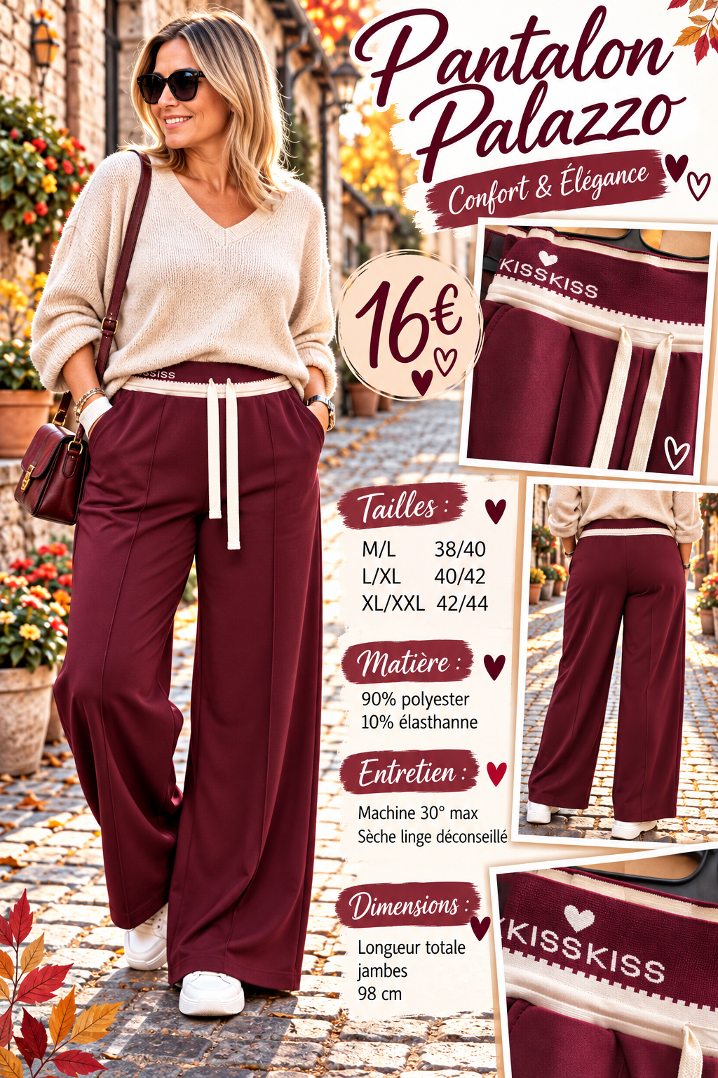189 🌸 PANTALON PALAZZO – CONFORT & ÉLÉGANCE 🌸Coloris BORDEAU