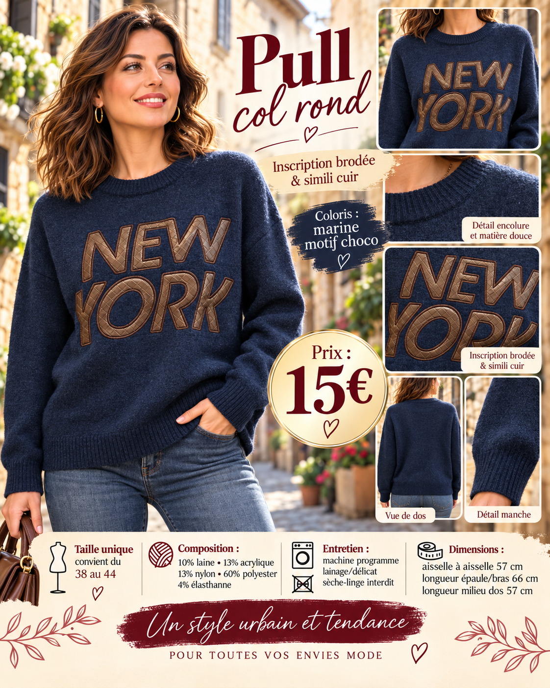 239 🌸 Pull NEW YORK – Inscription brodée et simili cuir 🌸Coloris MARINE