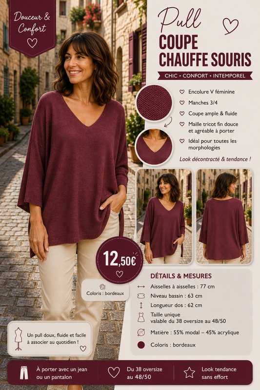 *59  💚 Pull coupe chauve-souris – Coloris bordeau